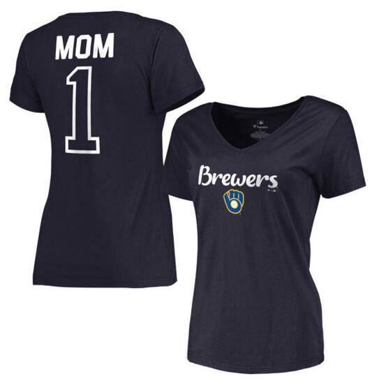 2020 MLB Milwaukee Brewers Women 2017 Mother Day 1 Mom VNeck TShirt Navy